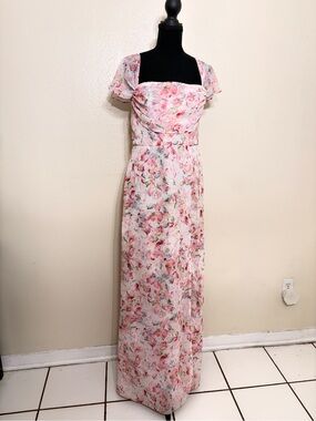 Birdy Grey Pink Floral Maxi Dress with Square Neck and Puff Sleeves